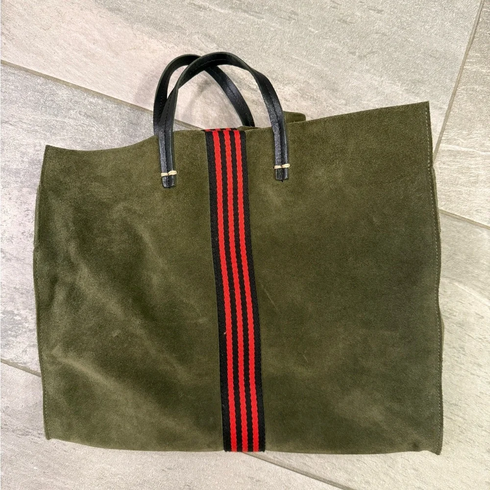 Clare V Olive Green Suede Tote Bag with Red Stripe - Picture 1 of 4